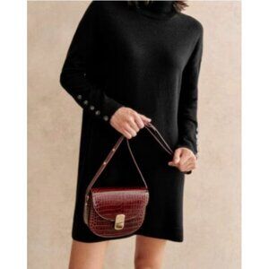 Sézane La Maille Merino Wool Turtleneck Sweater Dress Black Long Sleeve ButtonXS
